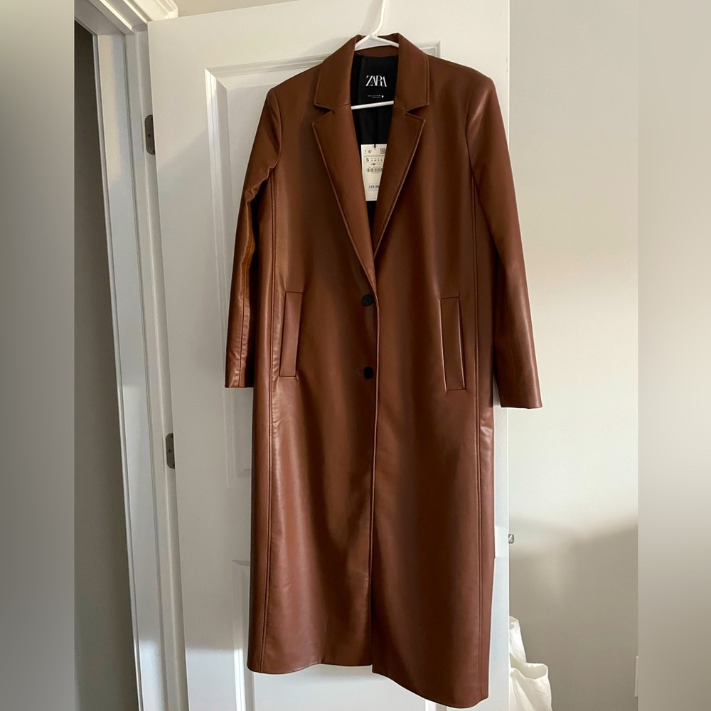Zara long faux leather coat. Size small. New with tags